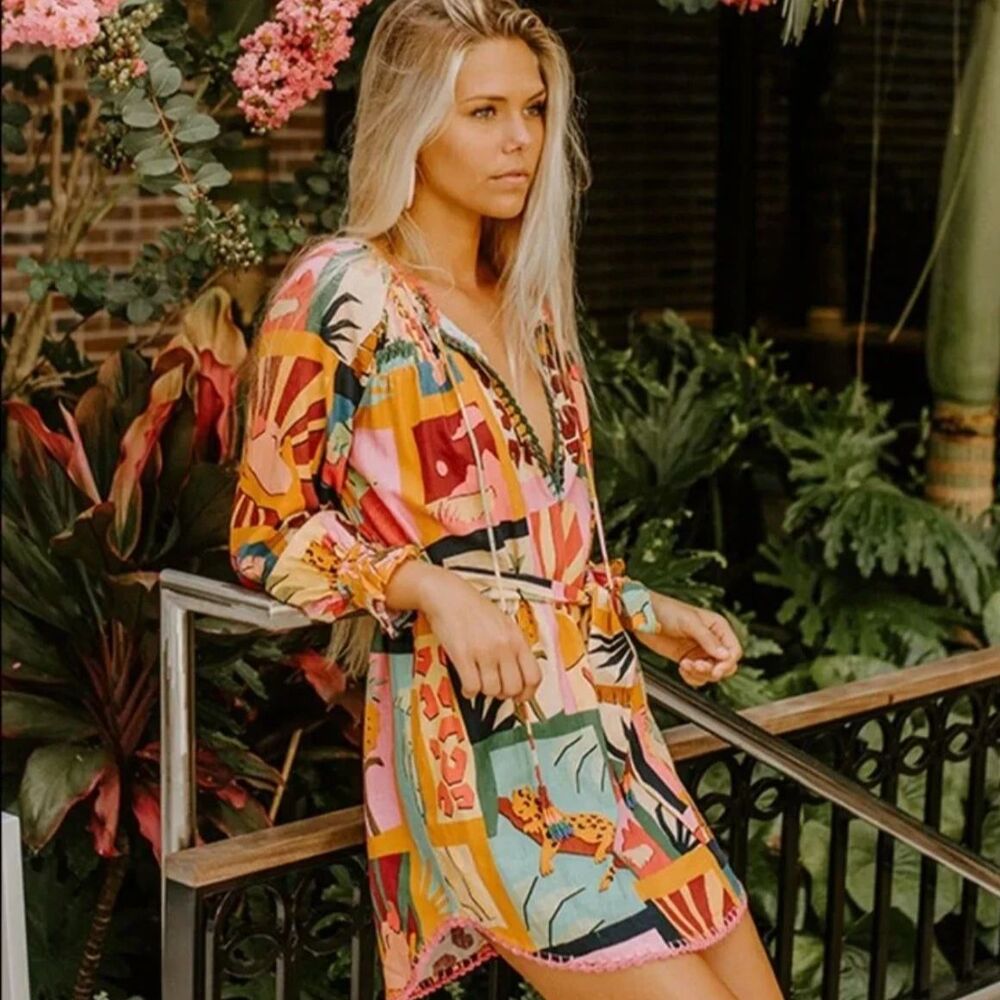 Farm Rio NWT Tropical Collage Tunic Dress Sun Jaguar Beaded Oversized Linen XS